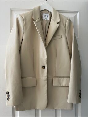 Zara faux leather Cream Beige Single-Button Blazer Jacket